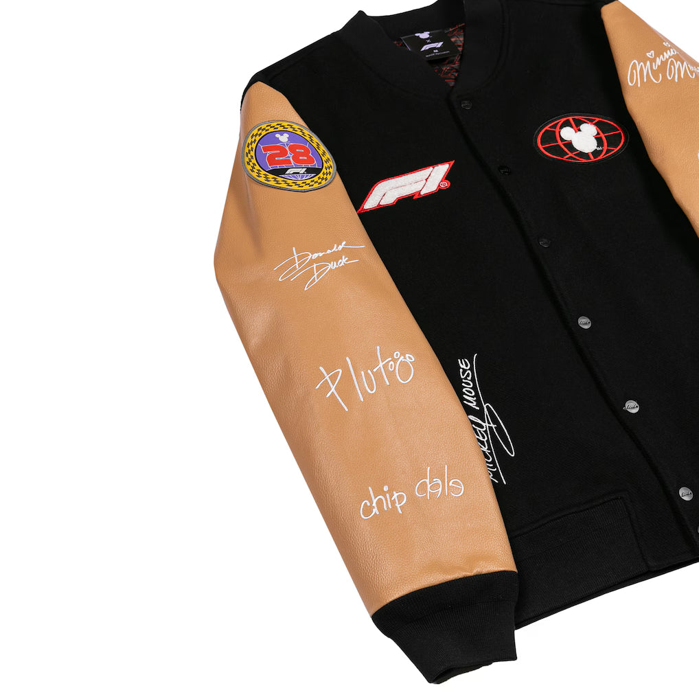 Formula 1 x Disney Varsity Jacket Replica | Mickey Mouse Motorsport Bomber Jacket Black Unisex