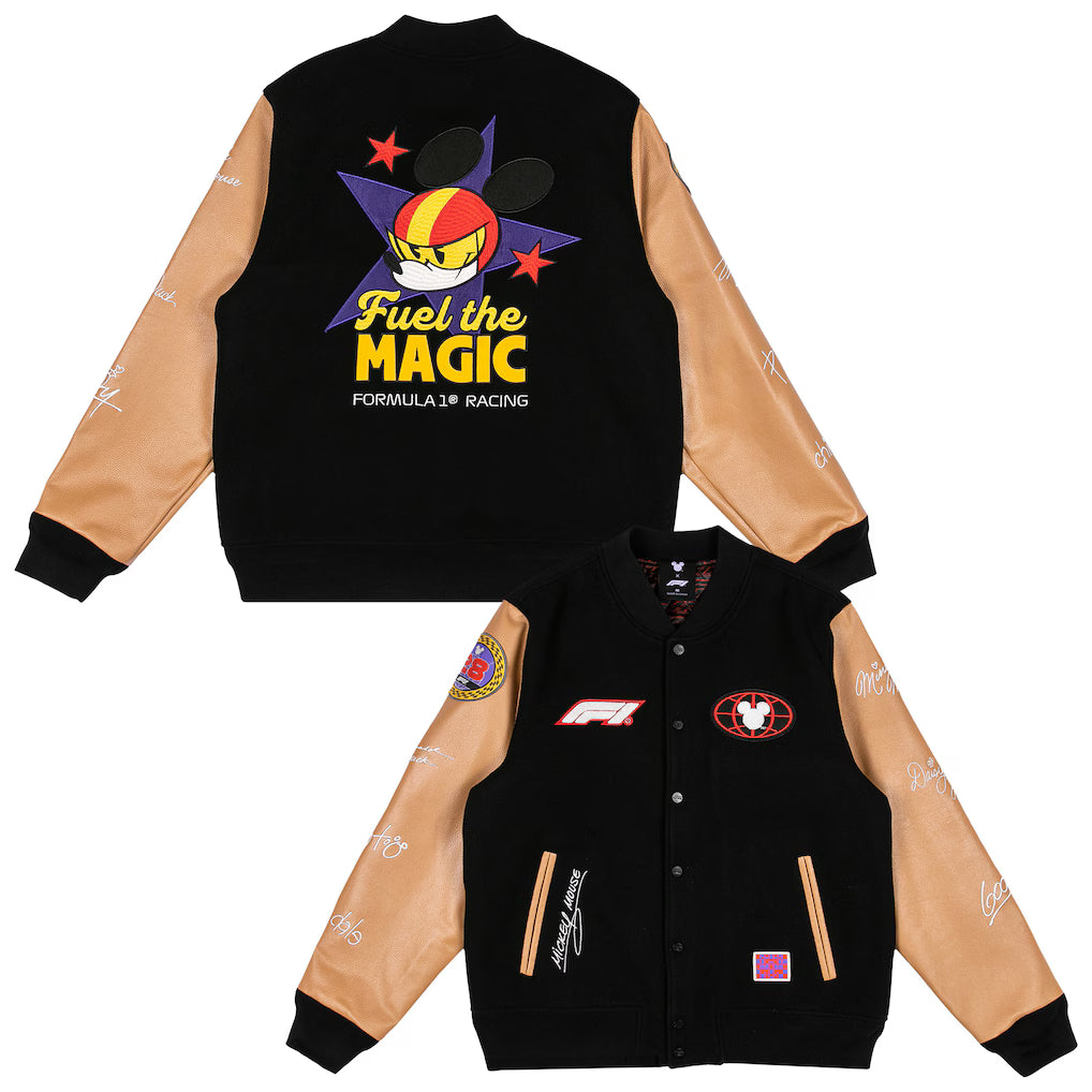 Formula 1 x Disney Varsity Jacket Replica | Mickey Mouse Motorsport Bomber Jacket Black Unisex