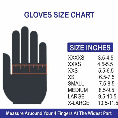OMP Aleph racing gloves size chart showing glove sizes from XXXXS to X-Large with measurements in inches