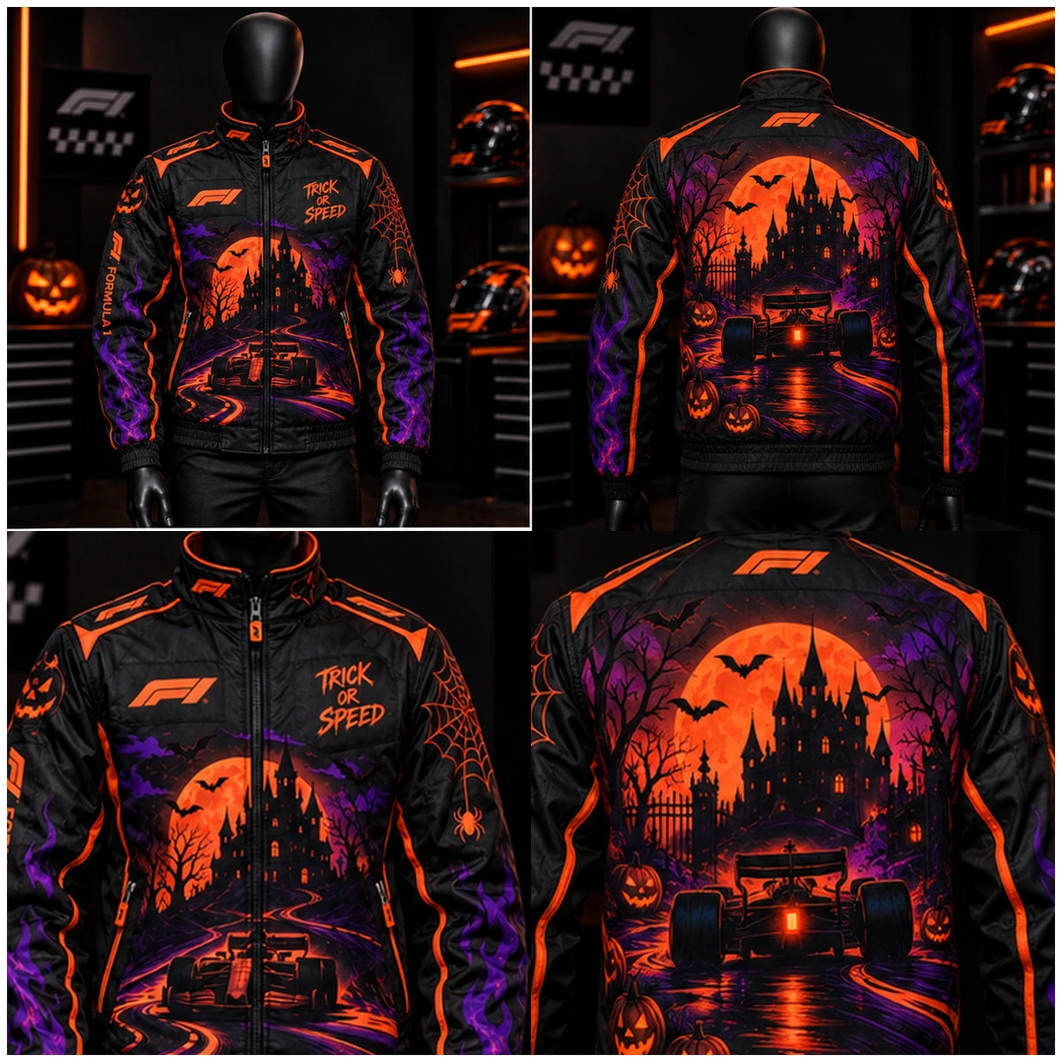 Halloween-inspired racing jacket product collage showing front and back views with black, orange, and purple graphics.