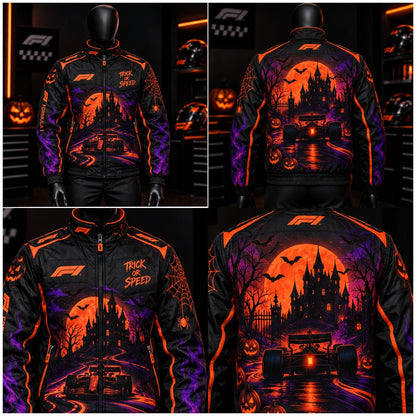 Halloween-inspired racing jacket product collage showing front and back views with black, orange, and purple graphics.