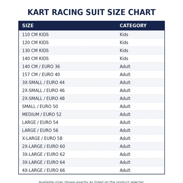 Size Chart of all sizes
