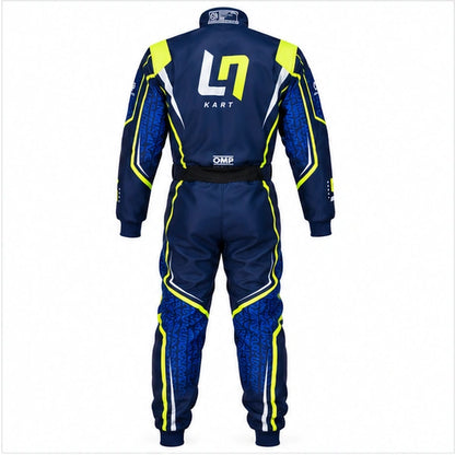 LN Kart OMP karting racing suit back view in navy blue and neon yellow