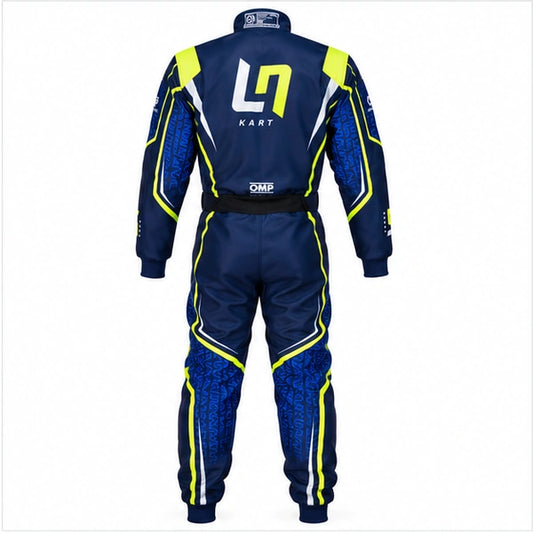 LN Kart OMP karting racing suit back view in navy blue and neon yellow