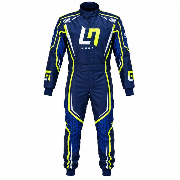 LN Kart OMP navy go kart racing suit front view with neon yellow detailing