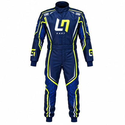LN Kart OMP navy go kart racing suit front view with neon yellow detailing