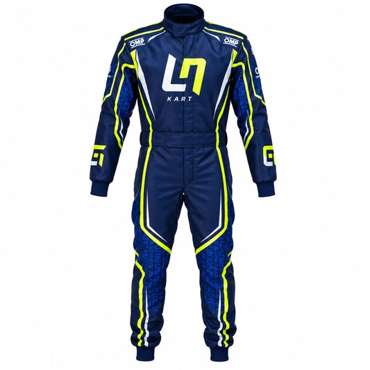 LN Kart OMP navy go kart racing suit front view with neon yellow detailing