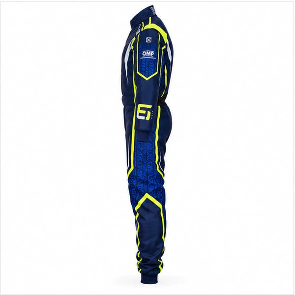 LN Kart navy kart racing suit left side view with OMP styling and neon accents