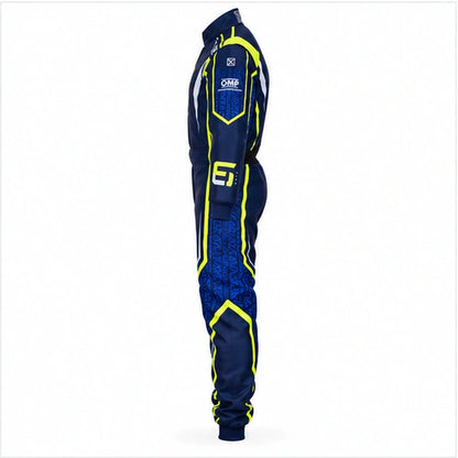LN Kart navy kart racing suit left side view with OMP styling and neon accents