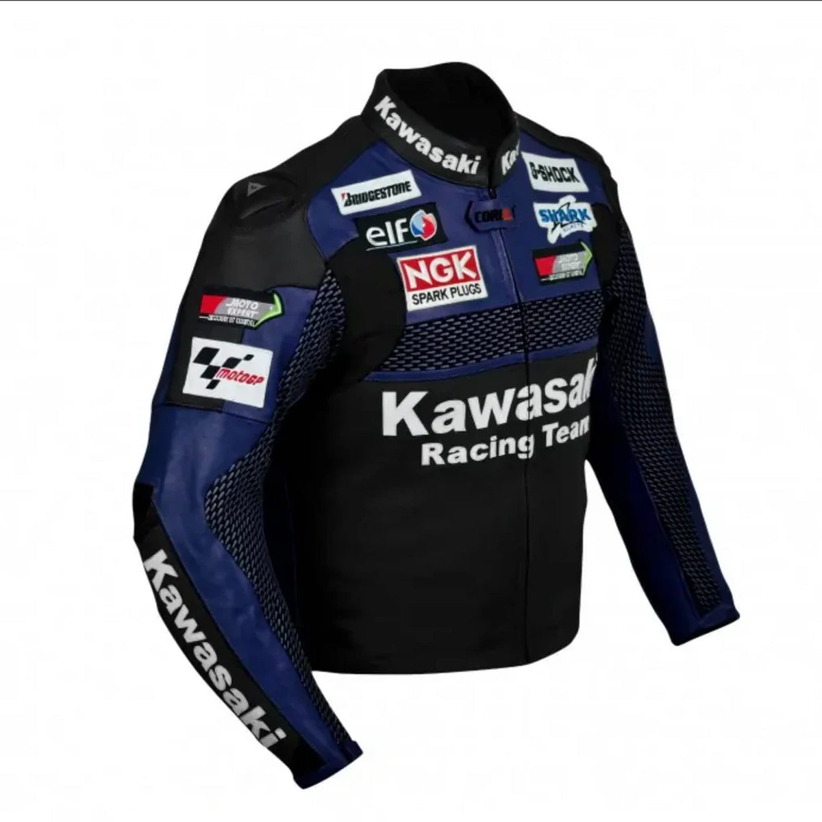 Kawasaki Racing Motorcycle Leather Jacket Blue & Black