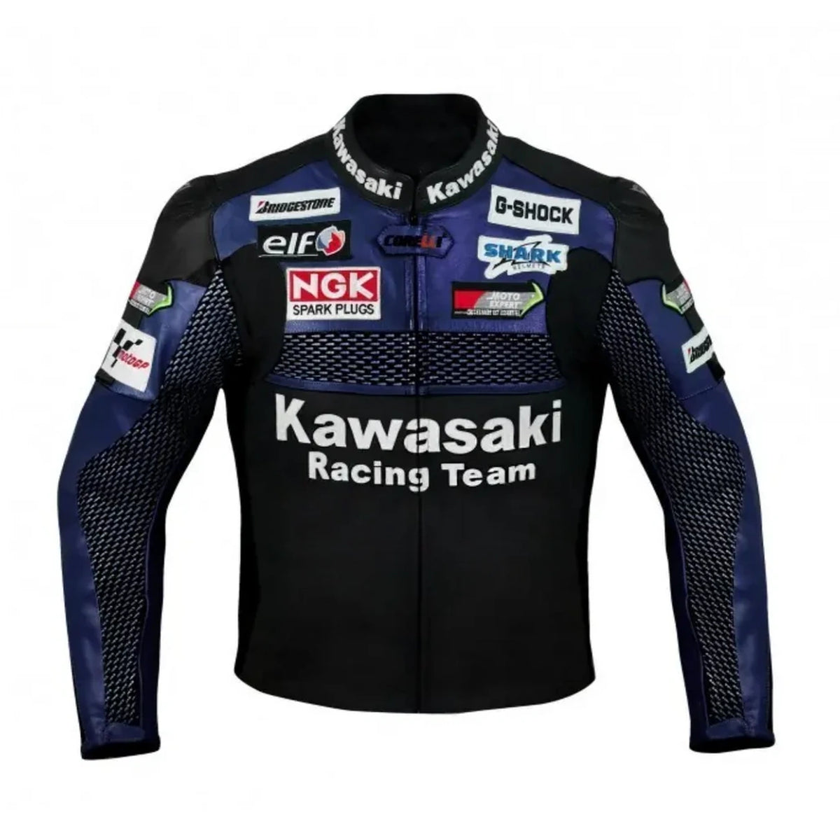 Kawasaki Racing Motorcycle Leather Jacket Blue & Black