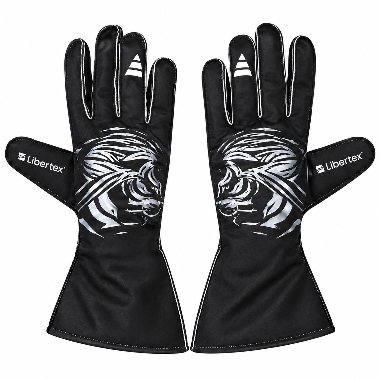 Libertex black racing gloves with silver tiger graphic, extended cuffs and white detailing for karting and motorsport