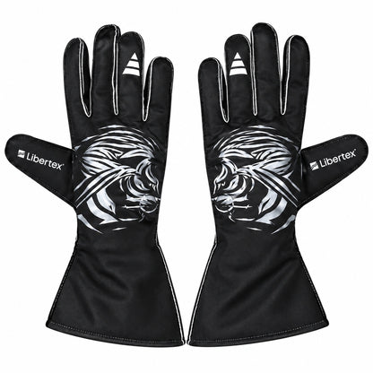 Libertex black racing gloves with silver tiger graphic, extended cuffs and white detailing for karting and motorsport