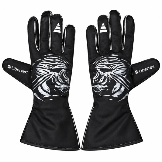 Libertex black racing gloves with silver tiger graphic, extended cuffs and white detailing for karting and motorsport