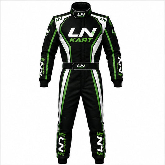 LN Kart Racing Suit Black Green & White – Professional Go-Kart Racing Suit