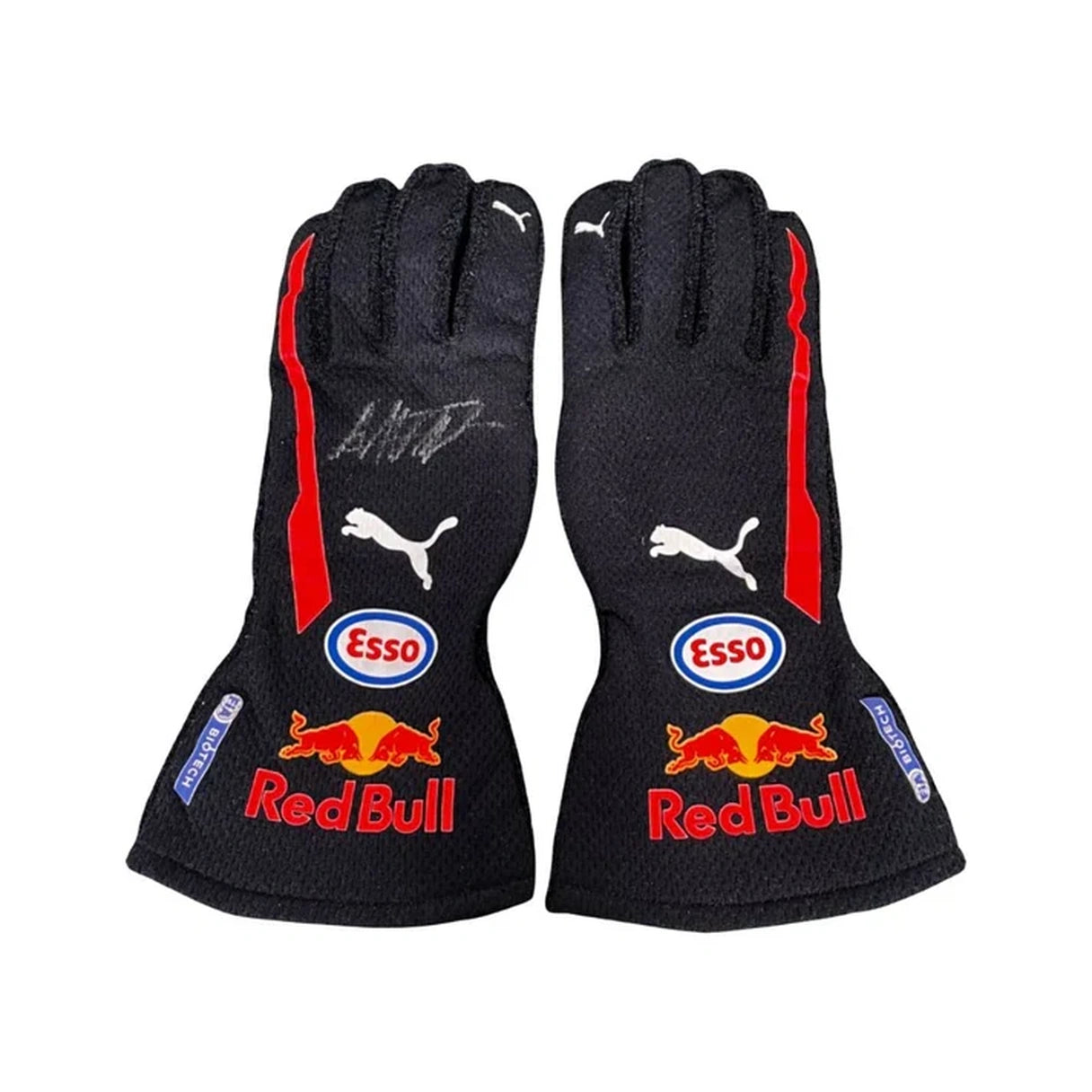 Puma Max Verstappen 2018 F1 racing gloves with Red Bull and Esso branding, shown front and back