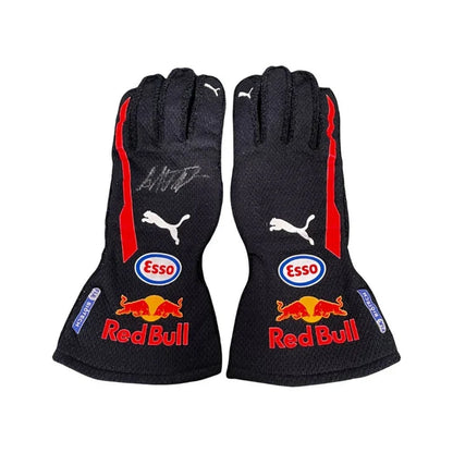 Puma Max Verstappen 2018 F1 racing gloves with Red Bull and Esso branding, shown front and back