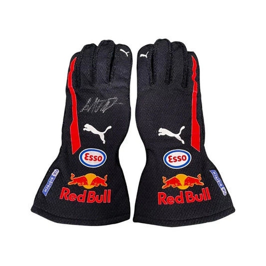 Puma Max Verstappen 2018 F1 racing gloves with Red Bull and Esso branding, shown front and back