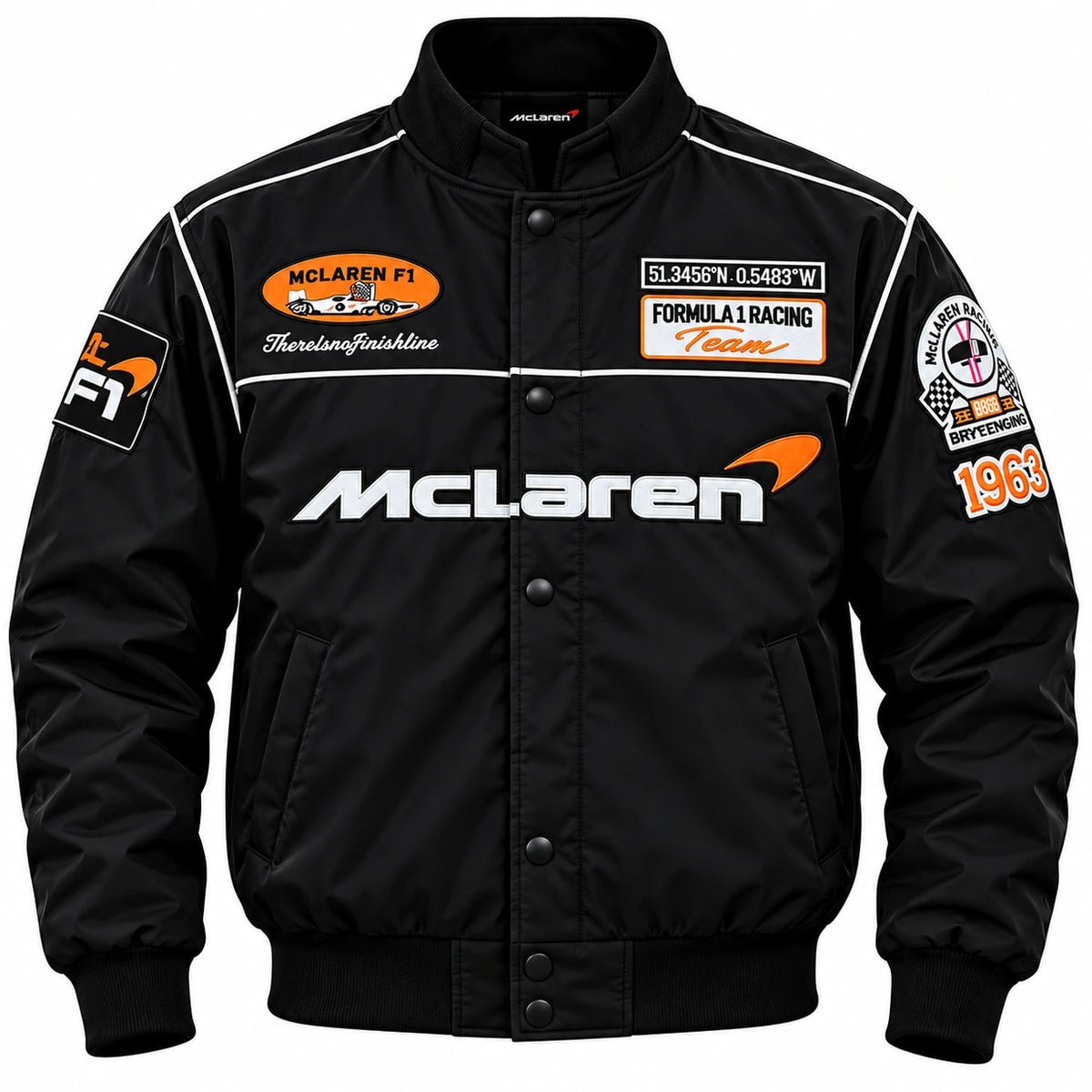 Black McLaren F1 racing jacket with Formula 1 team graphics, racing patches, McLaren logo and contrast white piping
