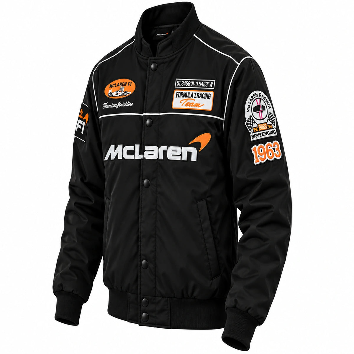 Black McLaren Formula 1 racing jacket featuring large McLaren Formula 1 Team back logo and white shoulder piping