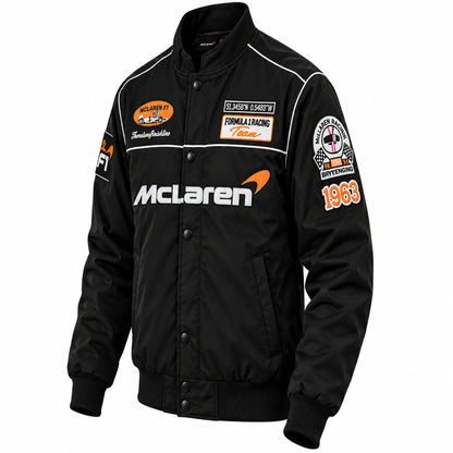 Black McLaren Formula 1 racing jacket featuring large McLaren Formula 1 Team back logo and white shoulder piping