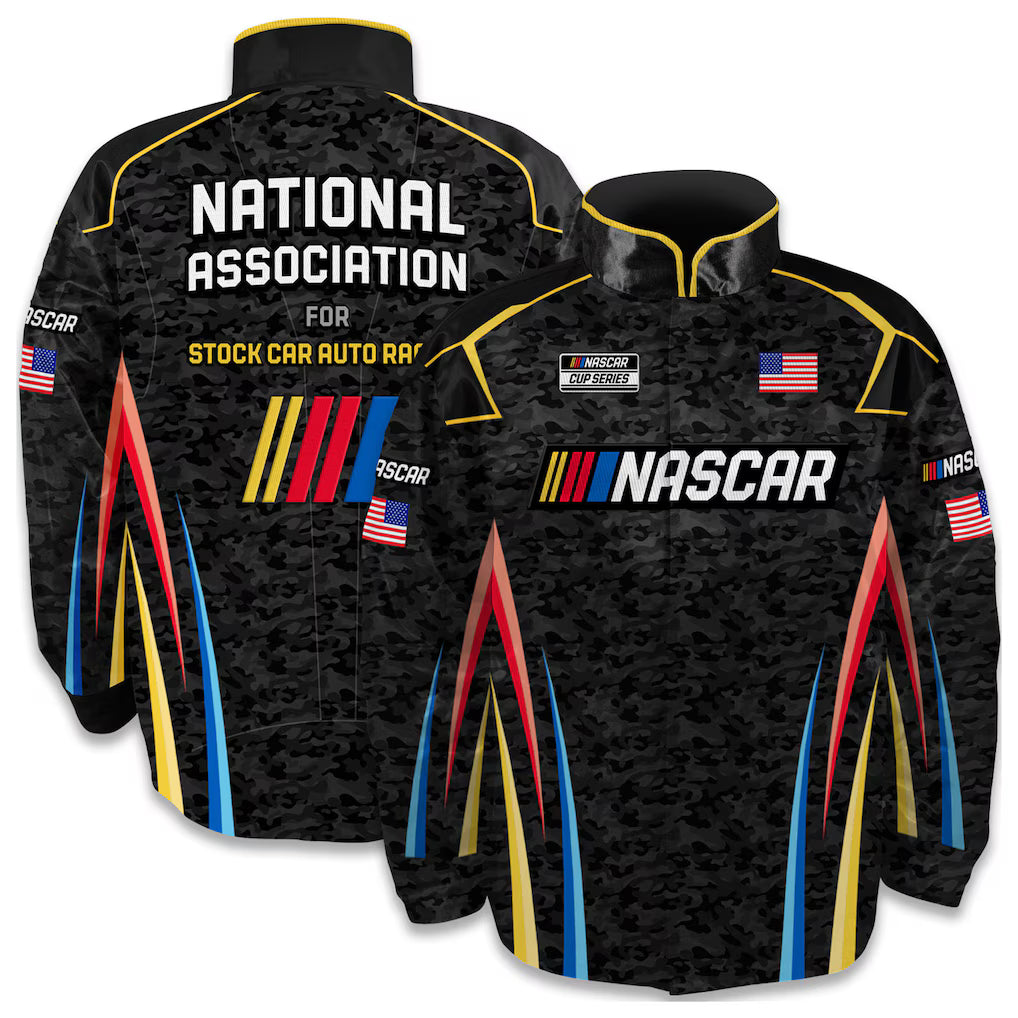 Men's NASCAR Checkered Flag Sports Black Full-Snap Nylon Uniform Jacket | Official Racing Jacket
