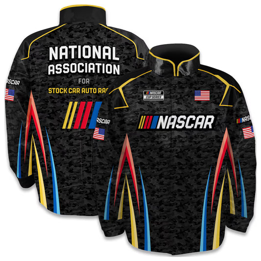 Men's NASCAR Checkered Flag Sports Black Full-Snap Nylon Uniform Jacket | Official Racing Jacket