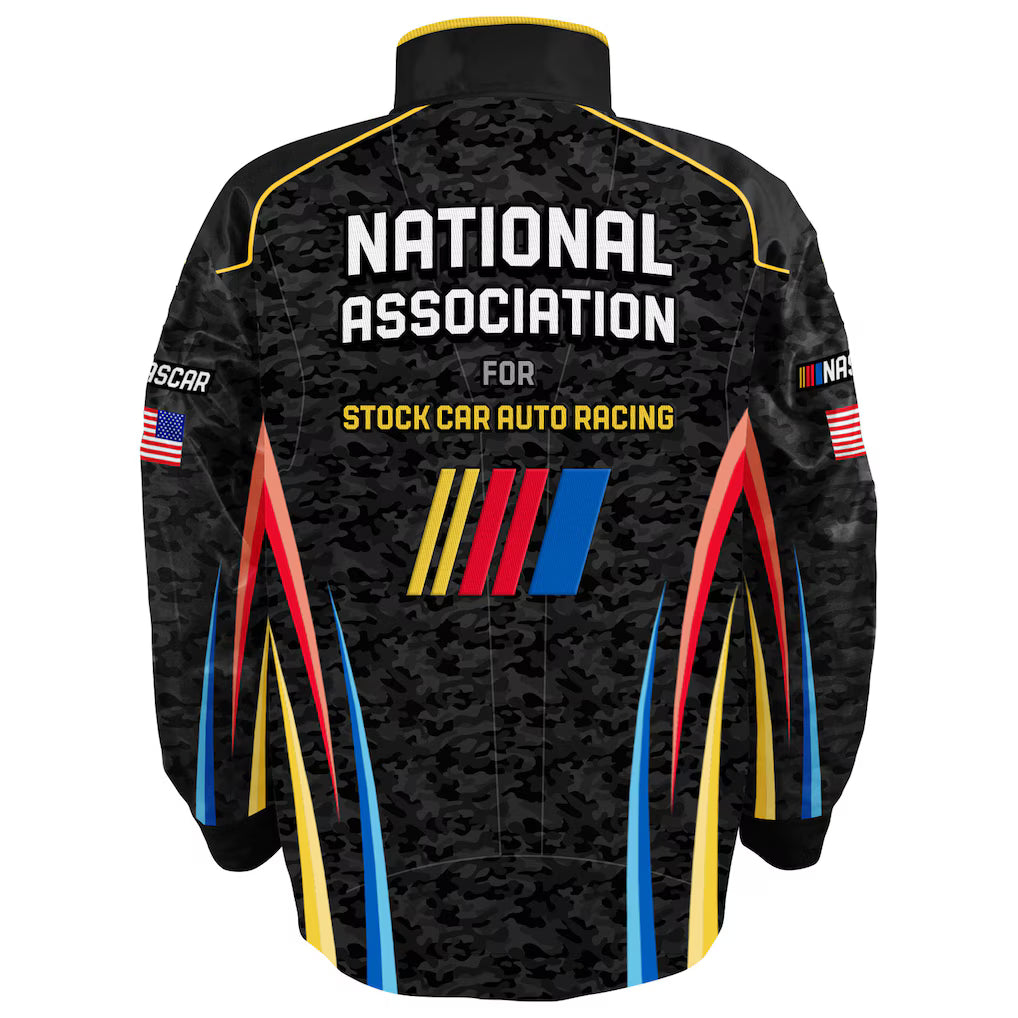 Men's NASCAR Checkered Flag Sports Black Full-Snap Nylon Uniform Jacket | Official Racing Jacket