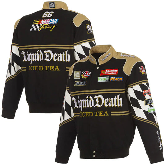 Men's NASCAR JH Design Black Liquid Death Full-Snap Twill Uniform Jacket | Official Racing Team Varsity Jacket