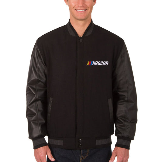 Men's NASCAR JH Design Black Wool & Leather Varsity Jacket | Premium Racing Letterman Jacket