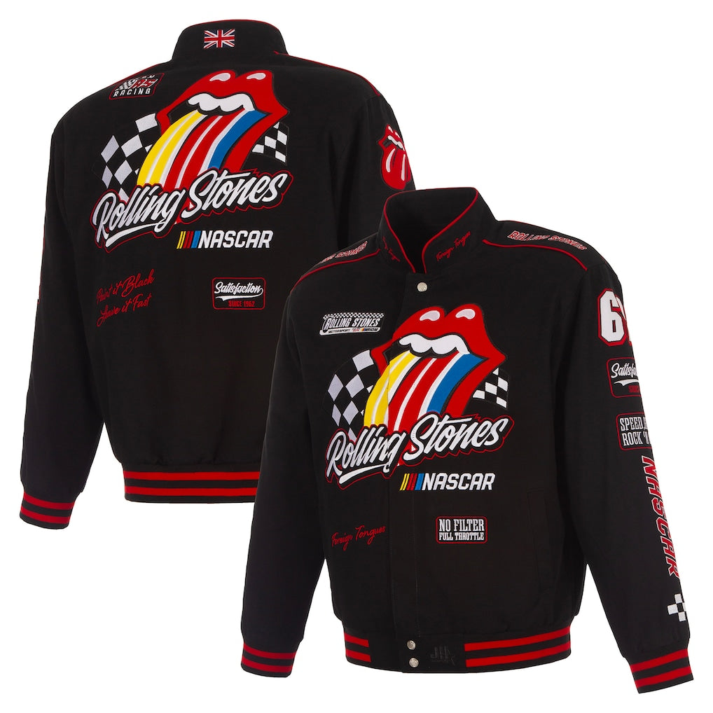 Men's JH Design Black Rolling Stones x NASCAR Full-Snap Twill Racing Jacket | Official Motorsport Varsity Jacket