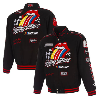 Men's JH Design Black Rolling Stones x NASCAR Full-Snap Twill Racing Jacket | Official Motorsport Varsity Jacket