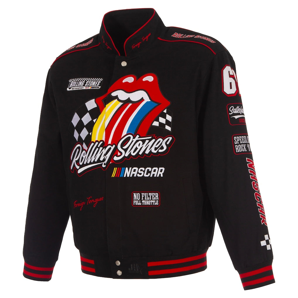 Men's JH Design Black Rolling Stones x NASCAR Full-Snap Twill Racing Jacket | Official Motorsport Varsity Jacket