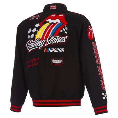 Men's JH Design Black Rolling Stones x NASCAR Full-Snap Twill Racing Jacket | Official Motorsport Varsity Jacket
