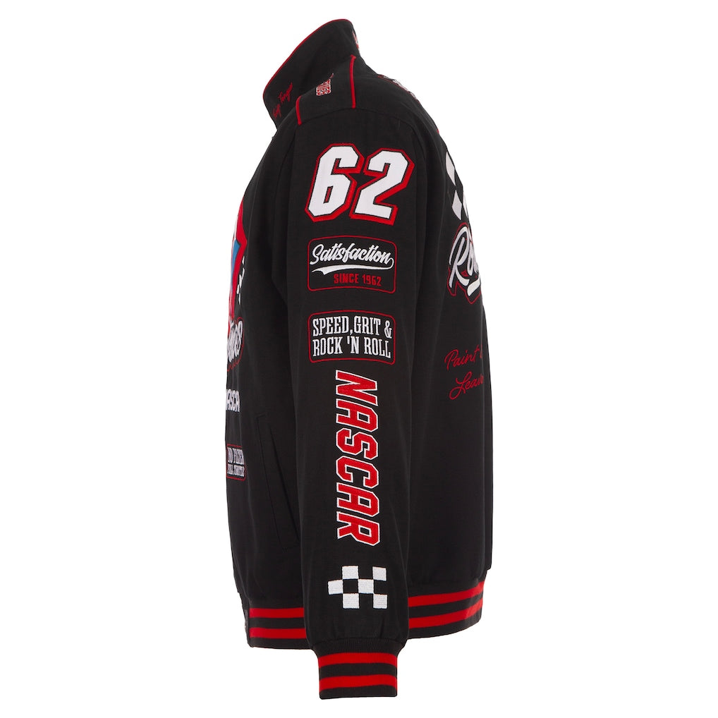 Men's JH Design Black Rolling Stones x NASCAR Full-Snap Twill Racing Jacket | Official Motorsport Varsity Jacket