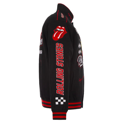 Men's JH Design Black Rolling Stones x NASCAR Full-Snap Twill Racing Jacket | Official Motorsport Varsity Jacket