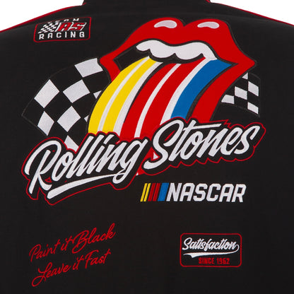Men's JH Design Black Rolling Stones x NASCAR Full-Snap Twill Racing Jacket | Official Motorsport Varsity Jacket