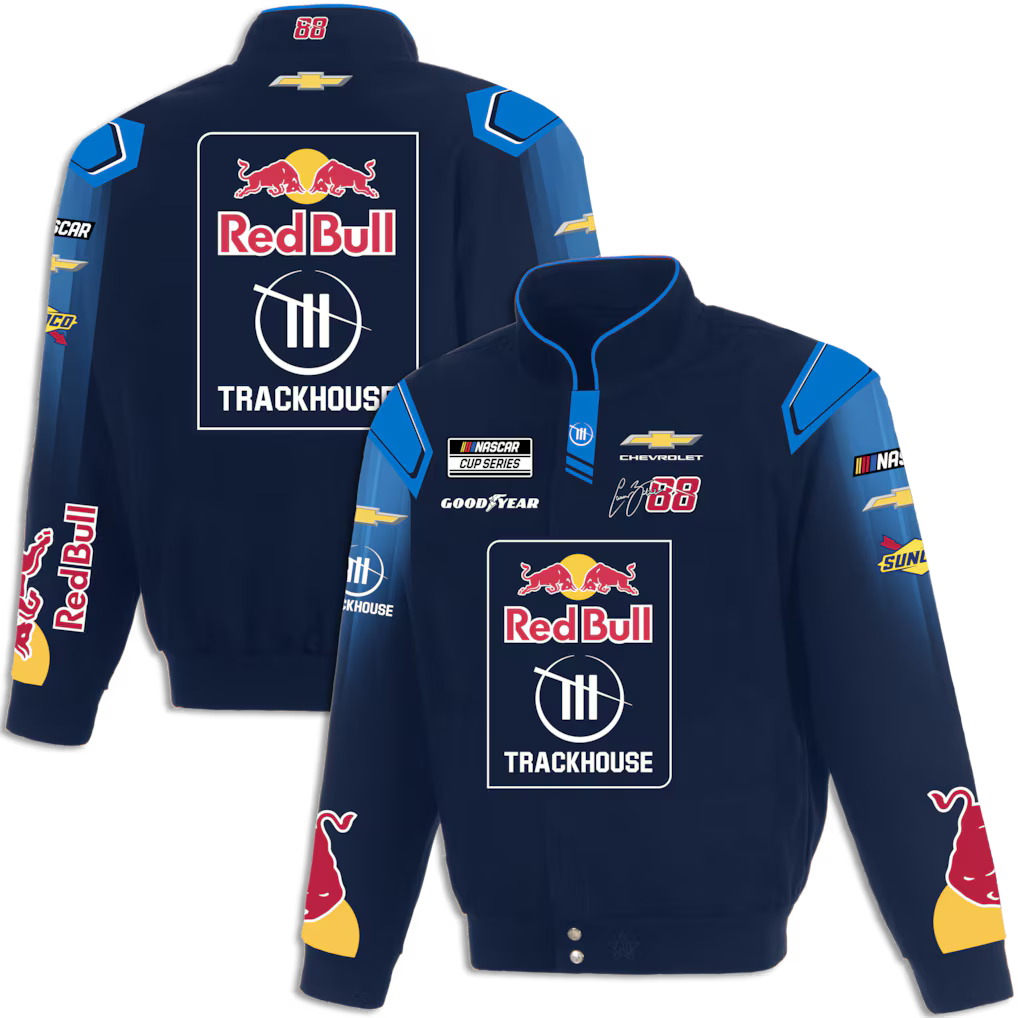 Men's Connor Zilisch JH Design Navy 2026 Trackhouse Red Bull Full-Snap Twill Racing Jacket | Official NASCAR Jacket