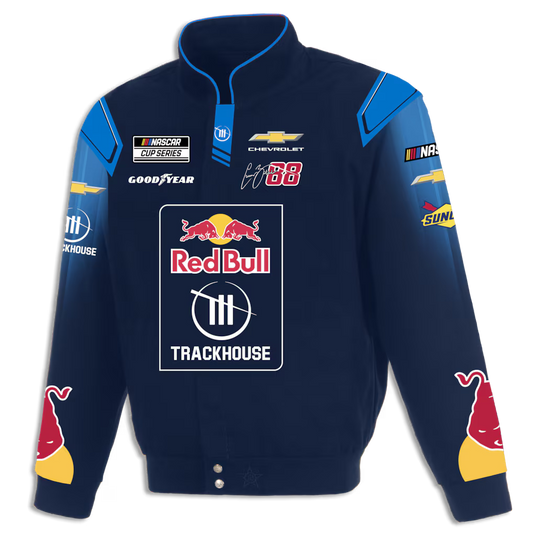 Men's Connor Zilisch JH Design Navy 2026 Trackhouse Red Bull Full-Snap Twill Racing Jacket | Official NASCAR Jacket