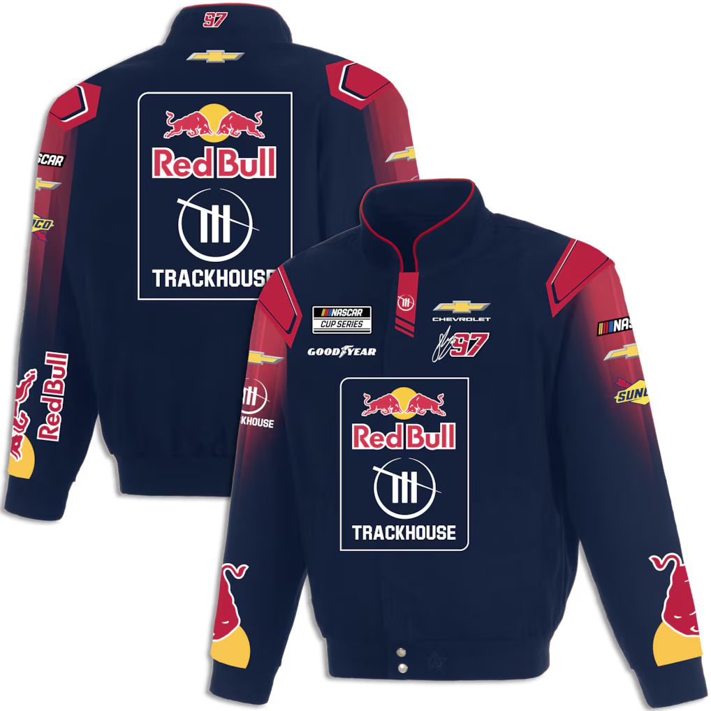 Men's Shane van Gisbergen JH Design Navy 2026 Trackhouse Red Bull Full-Snap Twill Racing Jacket | Official NASCAR Jacket