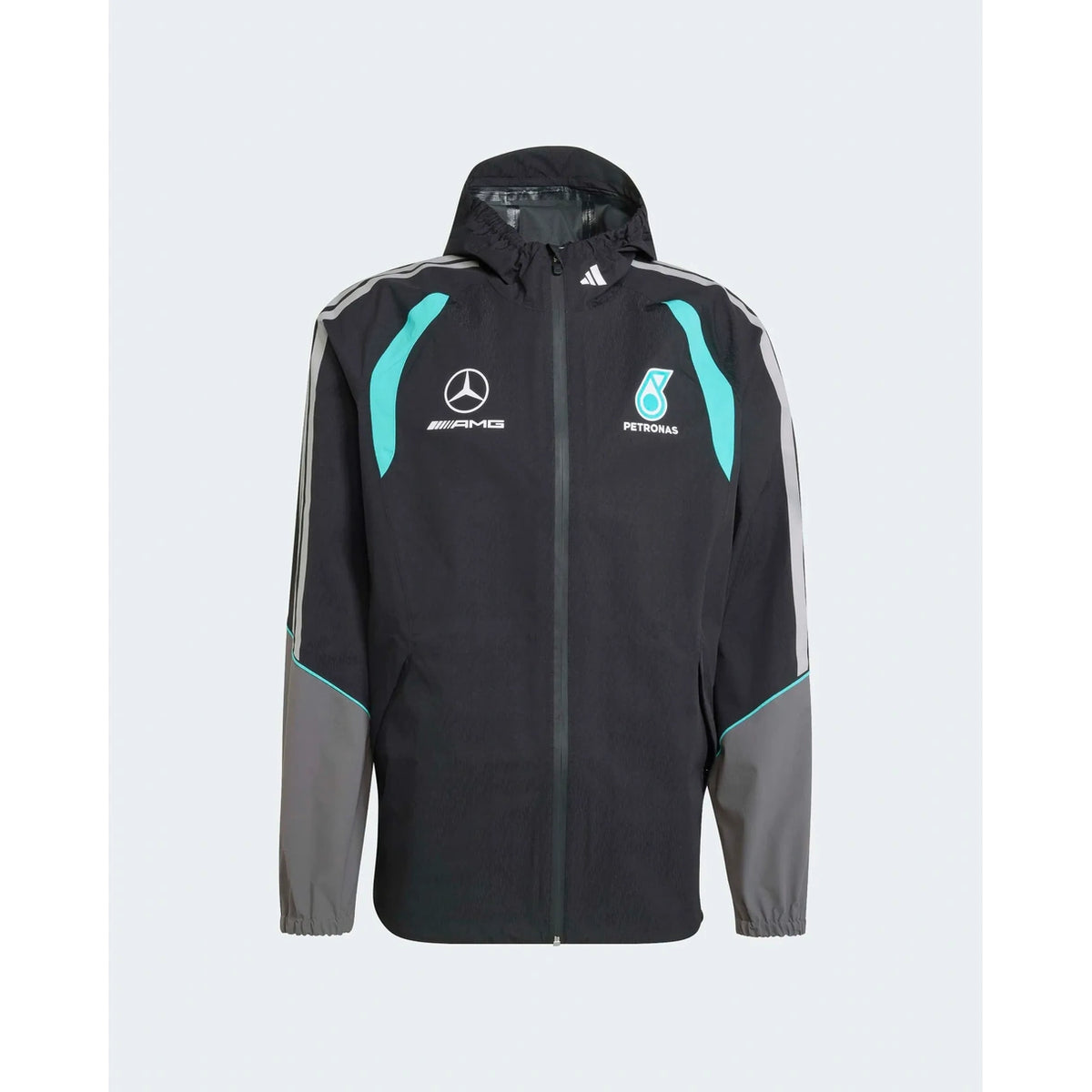 Mercedes AMG Petronas adidas F1 Engineers Jacket black front view with teal accents and motorsport graphics