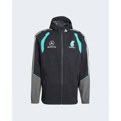 Mercedes AMG Petronas adidas F1 Engineers Jacket black front view with teal accents and motorsport graphics