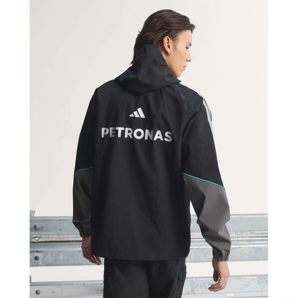 Mercedes F1 jacket back view showing large Petronas branding and adidas racing details