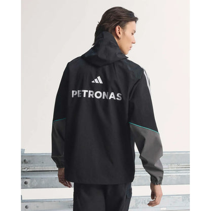 Mercedes F1 jacket back view showing large Petronas branding and adidas racing details