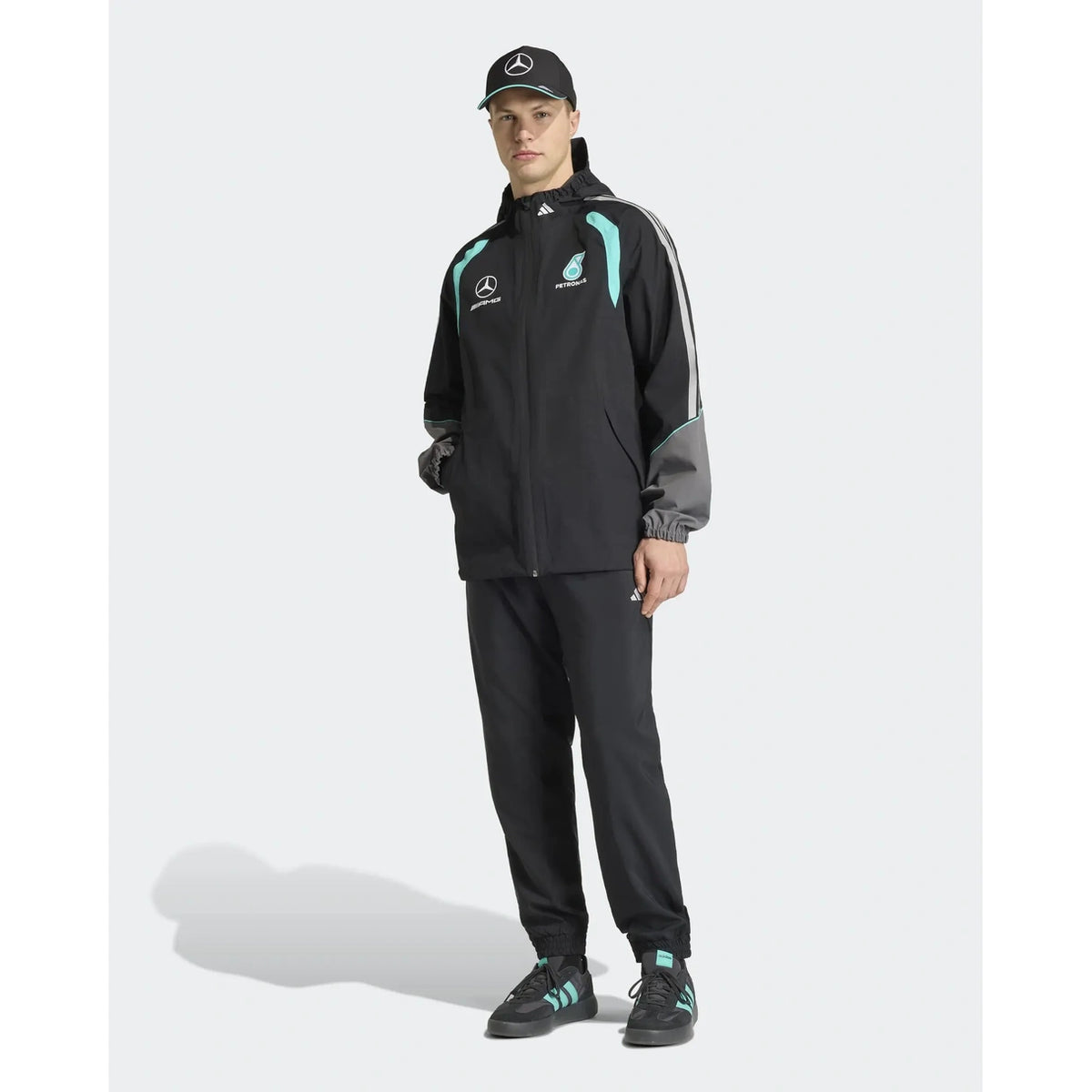 Mercedes AMG Petronas F1 black jacket front view worn with matching motorsport outfit