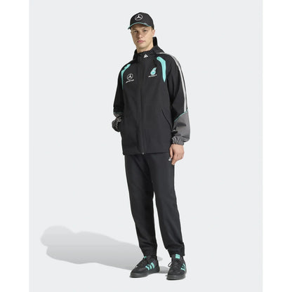 Mercedes AMG Petronas F1 black jacket front view worn with matching motorsport outfit