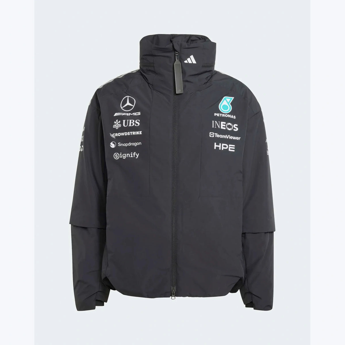 Mercedes AMG Petronas adidas F1 2026 team jacket black front view with racing-inspired motorsport design