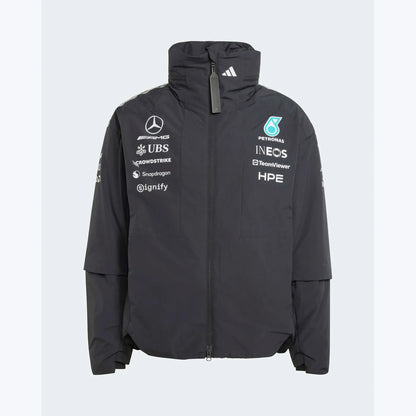 Mercedes AMG Petronas adidas F1 2026 team jacket black front view with racing-inspired motorsport design
