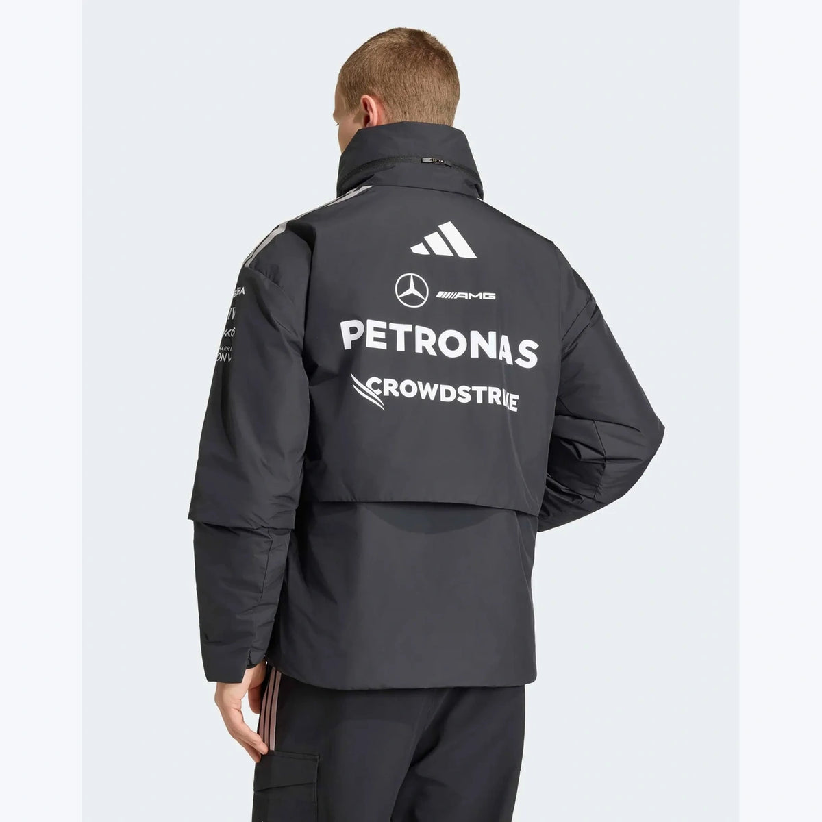 Mercedes AMG Petronas F1 2026 black team jacket back view with Mercedes motorsport graphics