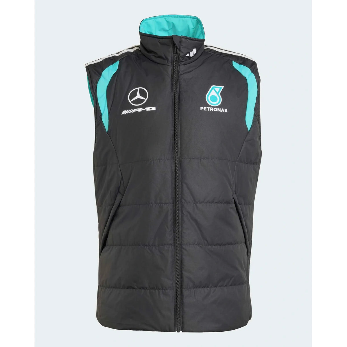 Mercedes F1 mechanics vest black front product view with high neck and zip closure
